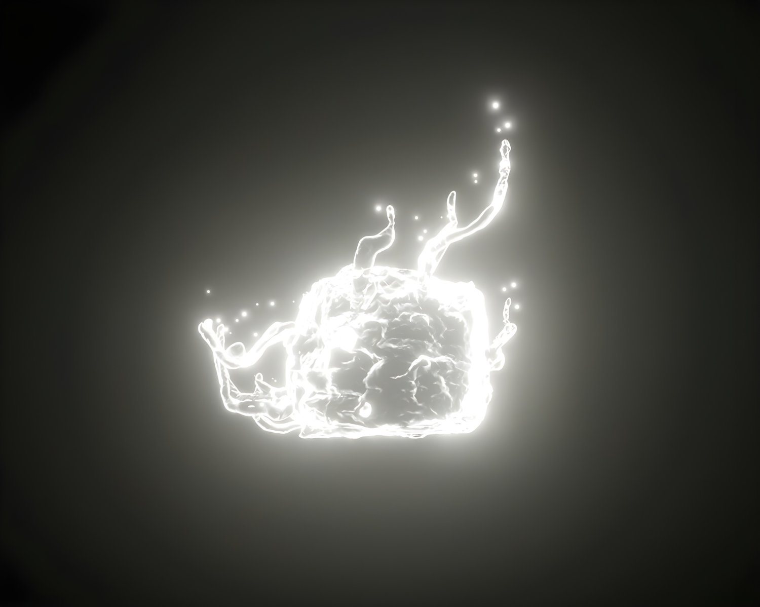 Glowing white form with tendrils of light on a dark background